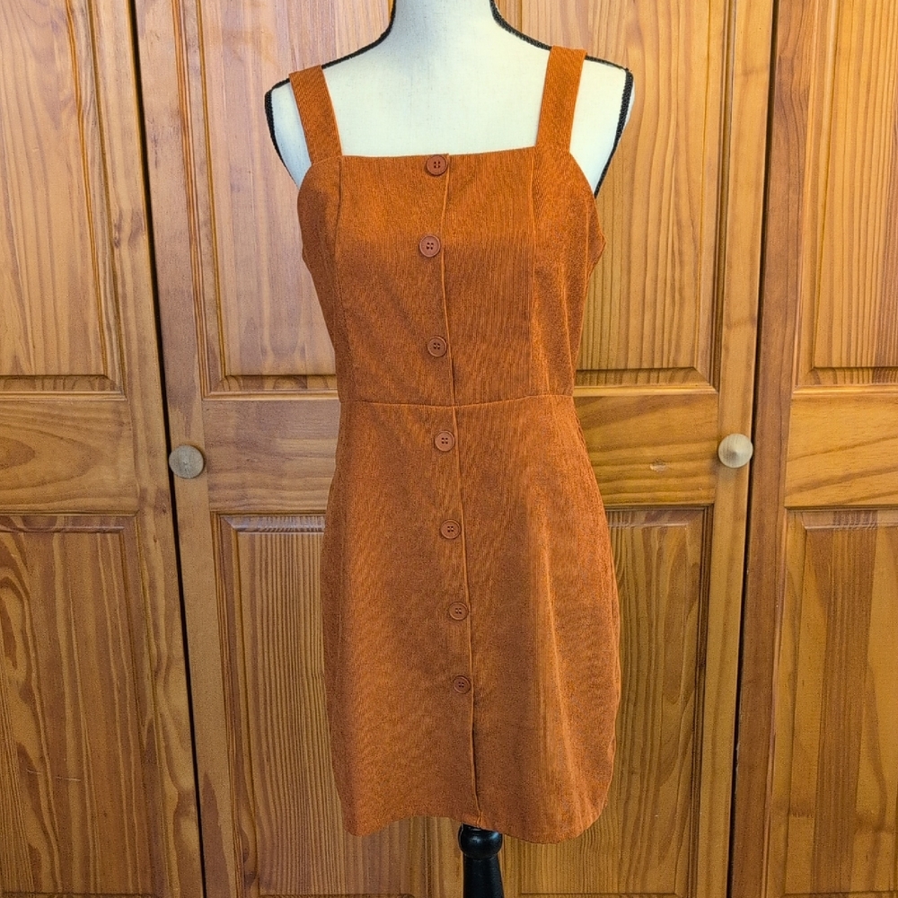 SHEIN Rust Faux Button Front Ribbed Corduroy Mini Dress M                CC117